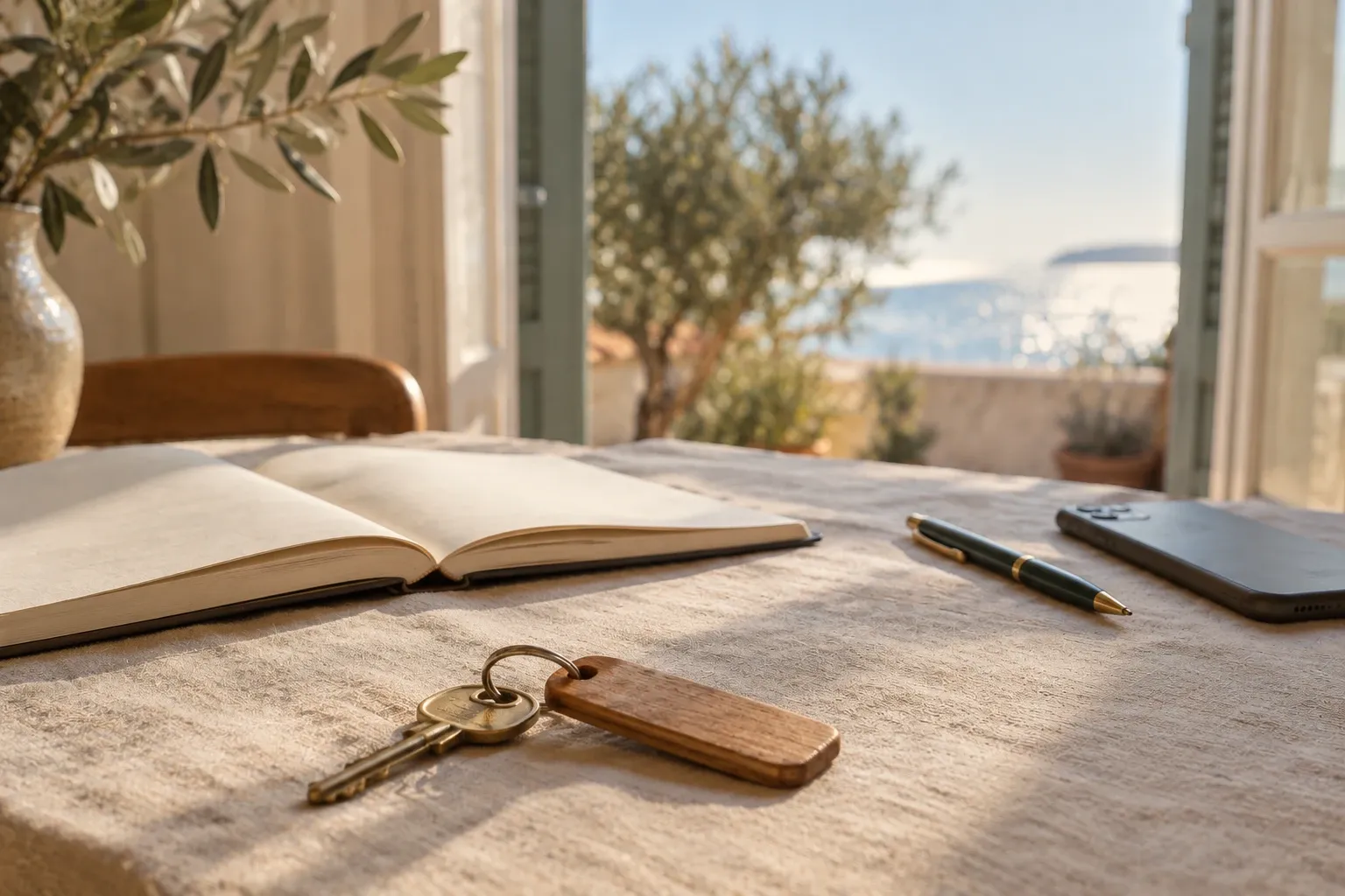 Brass key with a wooden tag on a linen tablecloth next to an open notebook, a pen and a phone, with a terrace opening onto the sea