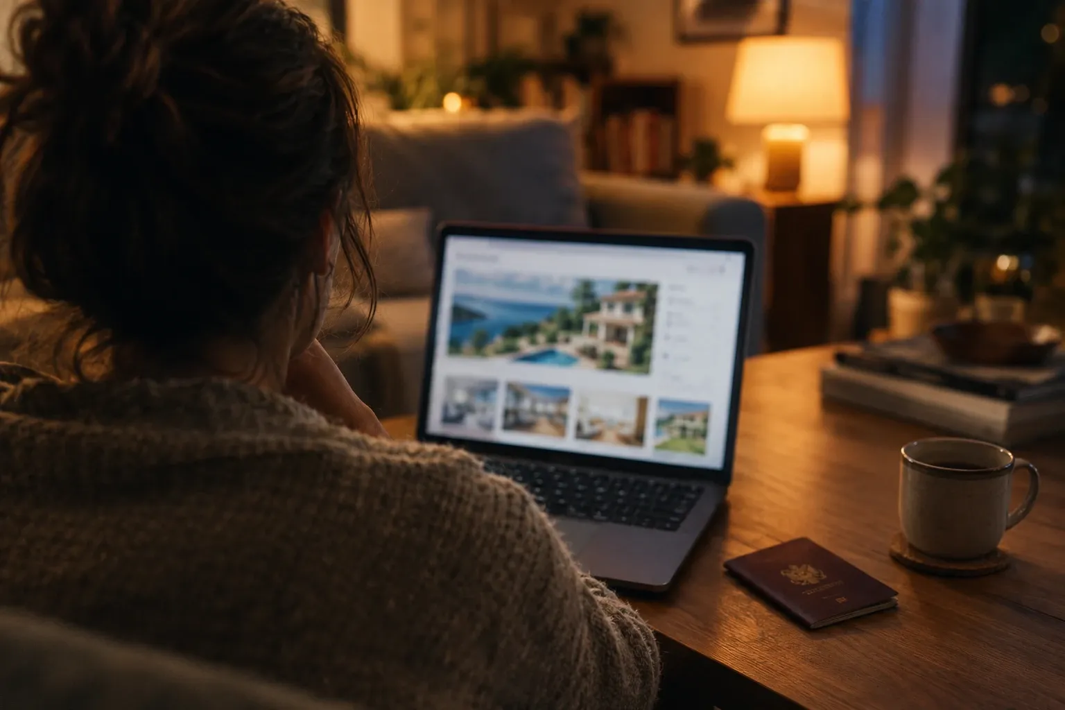 Person von hinten beim Durchsehen von Ferienunterkunfts-Inseraten am Laptop, Reisepass und Tasse auf dem Tisch