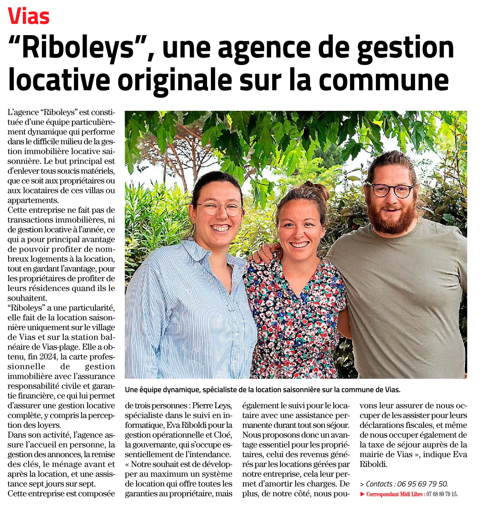 Article du Midi Libre du 13 août 2025 : « Riboleys », une agence de gestion locative originale sur la commune